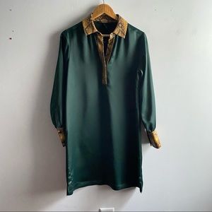 Scotch & Soda Maison Scotch hunter green satin mustard snakeskin shirt dress